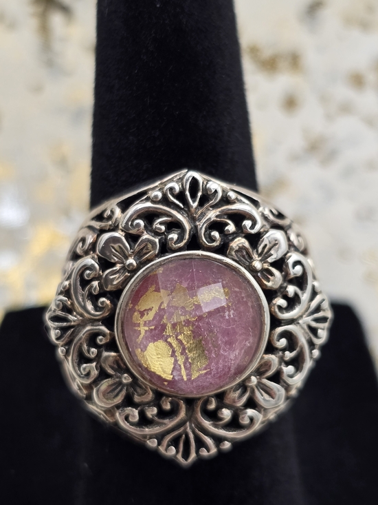 Jewelry - Size 6 925 Sterling and Faceted Pink and Gold Spinel Signed NOA Thailand Ring